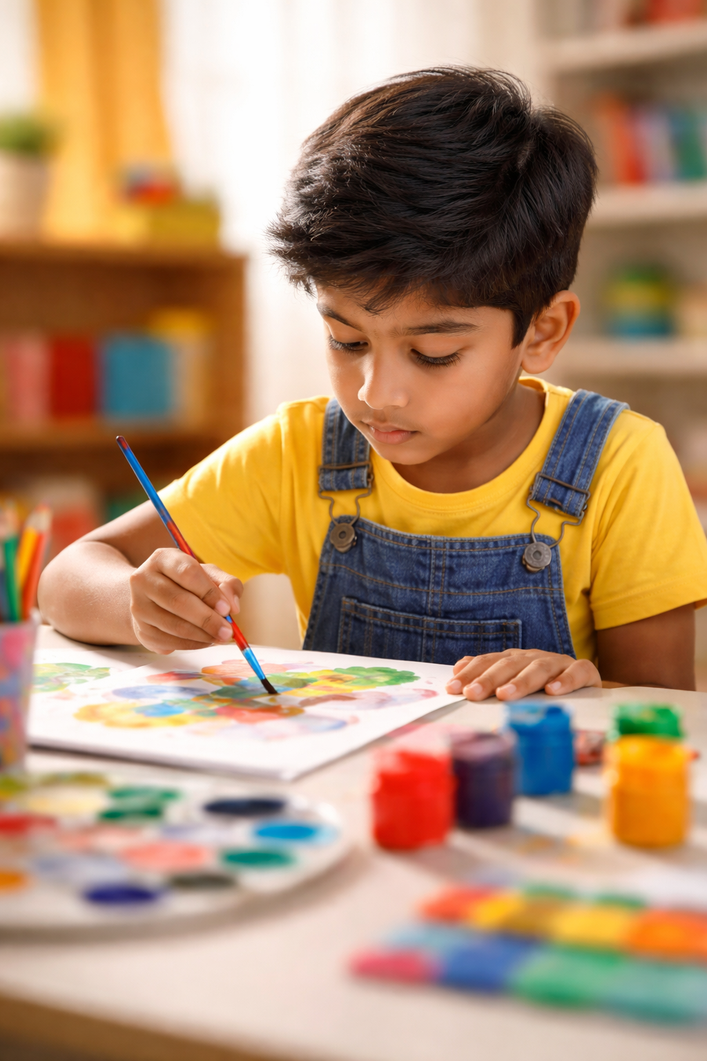 A child engaged in a hands-on painting activity
