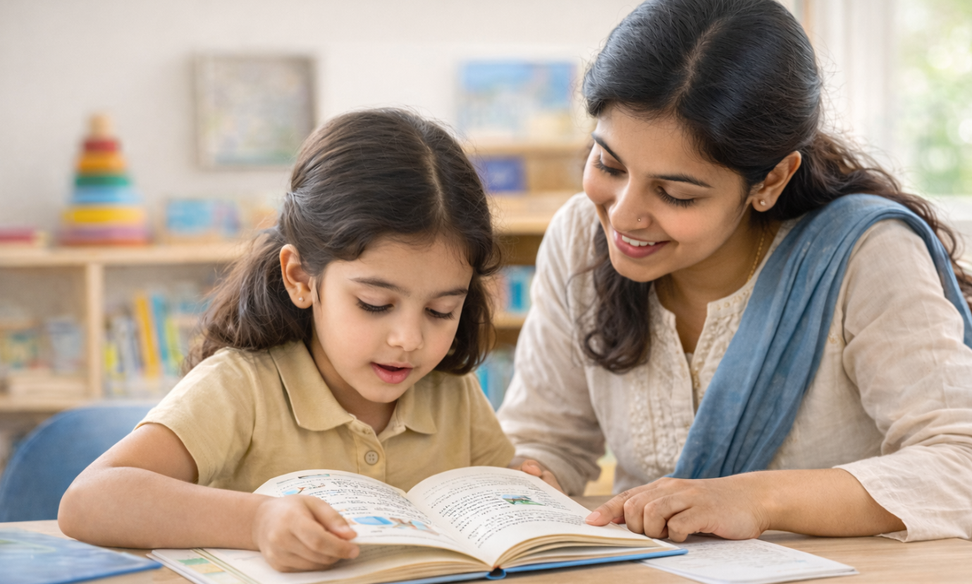 A Learnnest specialist working one-on-one with a child in a warm classroom setting